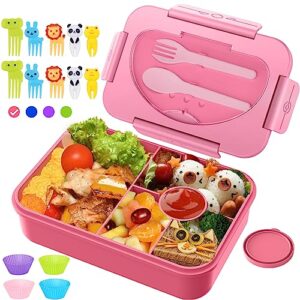 lunch box kids, bento box, 1350ml bento lunch box for kids, lunch containers with 5 compartments utensils food picks cake cups, leak-proof bento box adult lunch box for boys girls toddler, pink