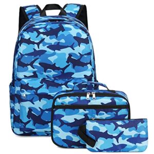 Octsky Kids Backpack for School Girls Boys Backpack with Lunch Box Set Elementary High School Book Bag Backpack for Teens Camo Shark Blue