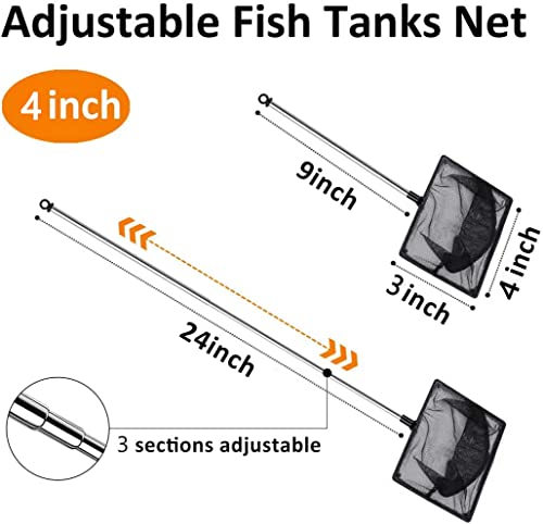 Grepol-V Fish Net for Fish Tank, Fine Mesh Aqurium Net with 9-24 Inch Stainless Steel Long Handle, Extendable Fishing Tank Net for Fish Shrimp Tank, Pond, Creek (4 inch)