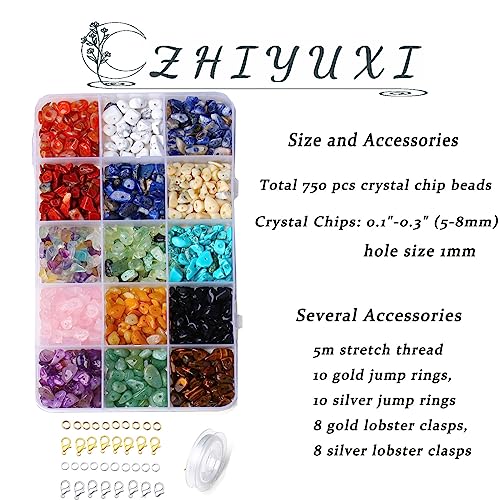 ZHIYUXI Crystal Beads for Jewelry Making 15 Colors Crystal Chips Hippie Beads Irregular Gemstone Crystals Stone Beads for Crafts, Bracelet, Necklace, Earrings, Crystal Tree 750 Pcs