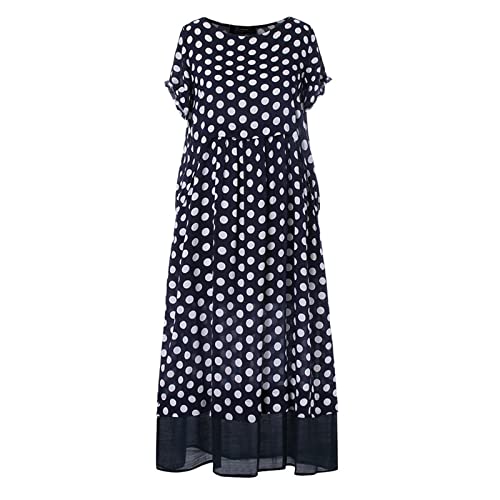 Women's Cotton Linen Dress Short Sleeve Maxi Casual Plus Size Tunic Dress with Pockets Two-Piece Dot Pattern Long Dress