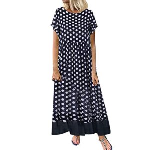 Women's Cotton Linen Dress Short Sleeve Maxi Casual Plus Size Tunic Dress with Pockets Two-Piece Dot Pattern Long Dress