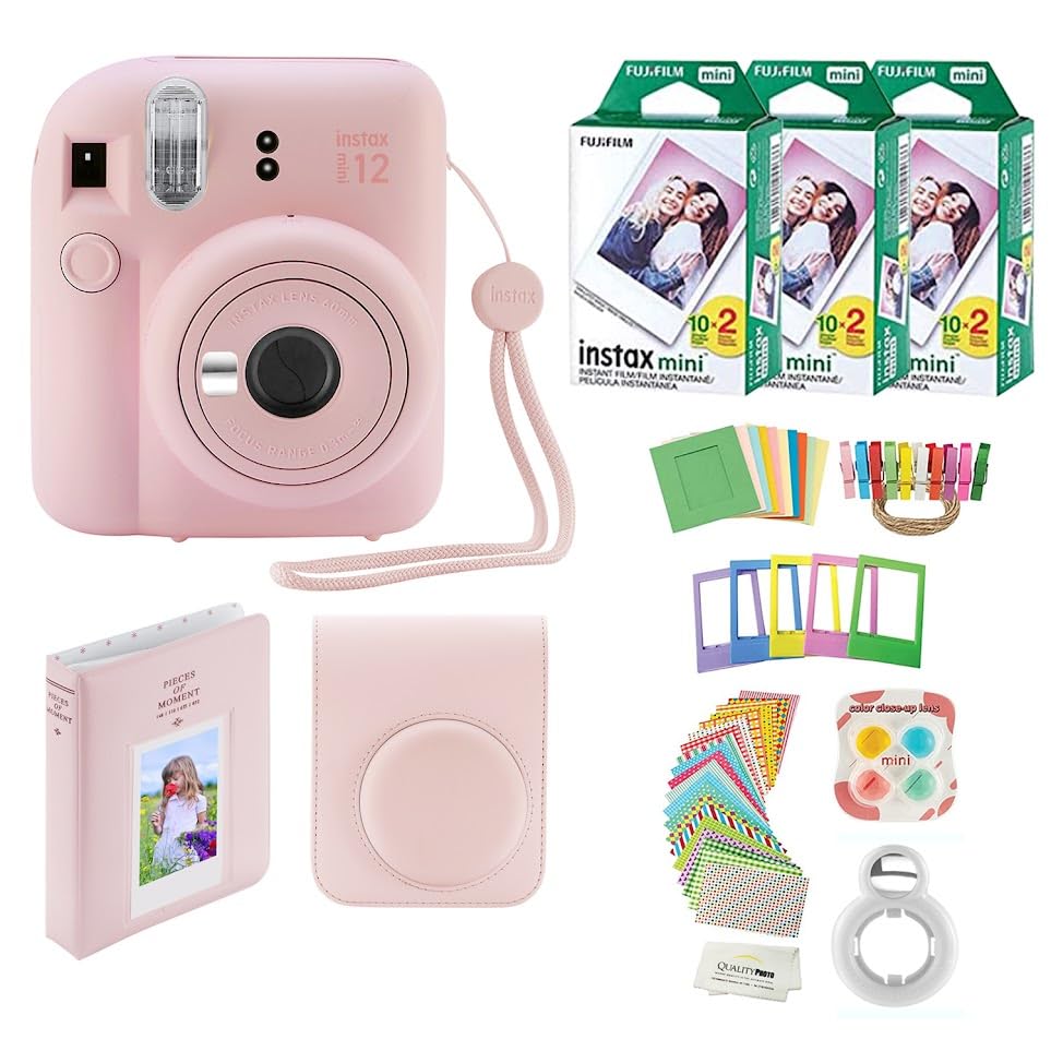 Fujifilm Instax Mini 12 Instant Camera with Case, 60 Fujifilm Prints, Decoration Stickers, Frames, Photo Album and More Accessories (Blossom Pink)