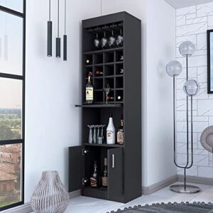 FM FURNITURE Myers Bar Cabinet with Glass Rack, 16 Wine Racks, 2 Shelves, 2 Cabinets, Black