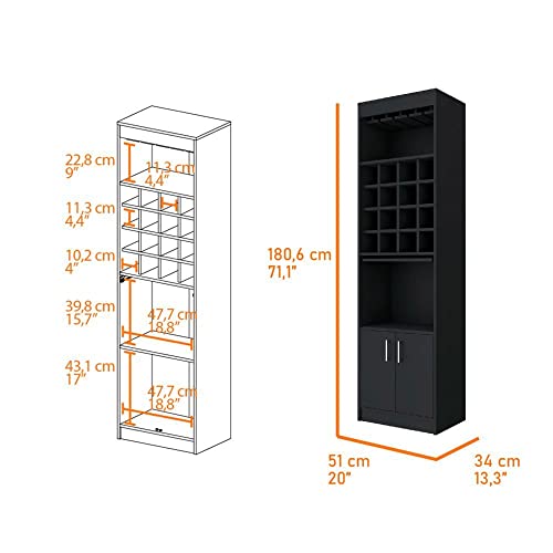 FM FURNITURE Myers Bar Cabinet with Glass Rack, 16 Wine Racks, 2 Shelves, 2 Cabinets, Black