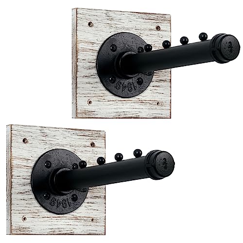 MyGift Wall Mounted Shabby White Washed Wood and Industrial Matte Black Metal Pipe Valet Bar, Clothing Hanger Rack with 4 Garment Hanging Hooks, Set of 2