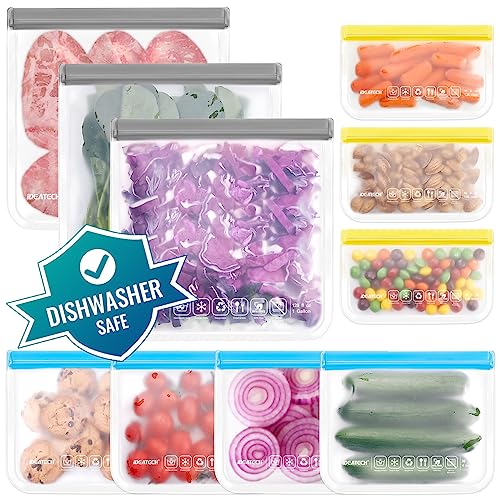 Dishwasher Safe Reusable Storage Bags, 10Pack Leakproof Reusable Freezer Bags, BPA Free PEVE Reusable Sandwich Bags, Silicone Food Storage Bags(10Pack-3 Gallon + 4 Sandwich + 3 Snack)