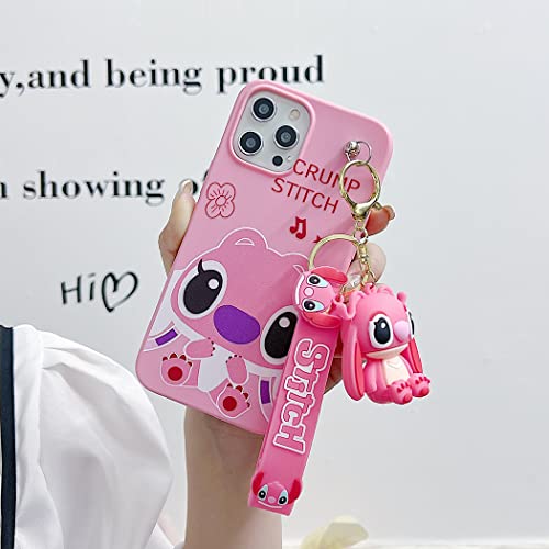 iFiLOVE for iPhone 14 Pro Max Stitch Case, Girls Boys Women Kids Cute Cartoon Character with Charm Pendant Strap Slim Soft TPU Protective Case Cover for iPhone 14 Pro Max (Pink)