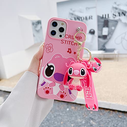 iFiLOVE for iPhone 14 Pro Max Stitch Case, Girls Boys Women Kids Cute Cartoon Character with Charm Pendant Strap Slim Soft TPU Protective Case Cover for iPhone 14 Pro Max (Pink)