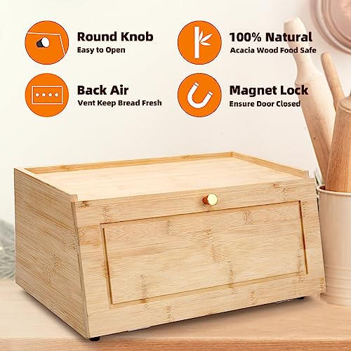 Upgraded Bamboo Bread Box, No Assembly Required Bread Box for Kitchen Counter, All In One Piece Bread Storage with Air Vents, Large Capacity Bread Storage Container, Bread Storage Organizer Holder