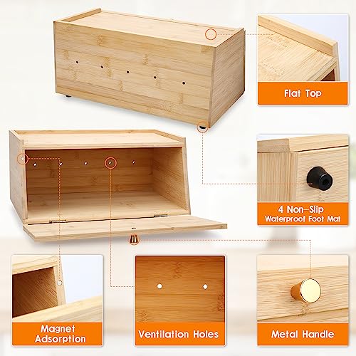 Upgraded Bamboo Bread Box, No Assembly Required Bread Box for Kitchen Counter, All In One Piece Bread Storage with Air Vents, Large Capacity Bread Storage Container, Bread Storage Organizer Holder