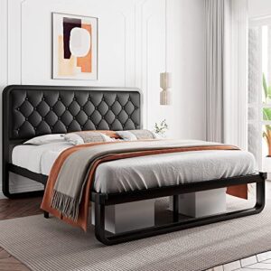 ipormis queen size metal bed frame with faux leather headboard, curved platform bed frame, thicker metal steel slats support, 12'' under-bed space, noise-free, easy assembly, black