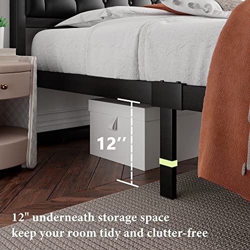 iPormis Queen Size Metal Bed Frame with Faux Leather Headboard, Curved Platform Bed Frame, Thicker Metal Steel Slats Support, 12'' Under-Bed Space, Noise-Free, Easy Assembly, Black