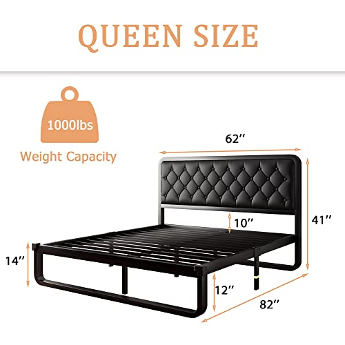 iPormis Queen Size Metal Bed Frame with Faux Leather Headboard, Curved Platform Bed Frame, Thicker Metal Steel Slats Support, 12'' Under-Bed Space, Noise-Free, Easy Assembly, Black