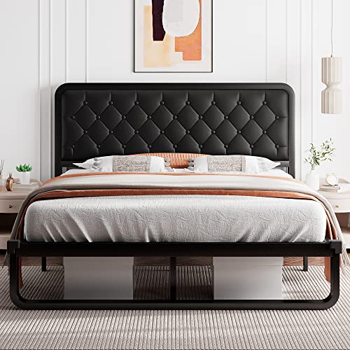 iPormis Queen Size Metal Bed Frame with Faux Leather Headboard, Curved Platform Bed Frame, Thicker Metal Steel Slats Support, 12'' Under-Bed Space, Noise-Free, Easy Assembly, Black