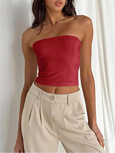 Trendy Queen Strapless Tops for Women Sexy Tube Bandeau Basic Backless Crop Tops Cute Summer Outfits 2023 Sleeveless Slim Fit Stretchy Y2k Shirts Teen Girls Red