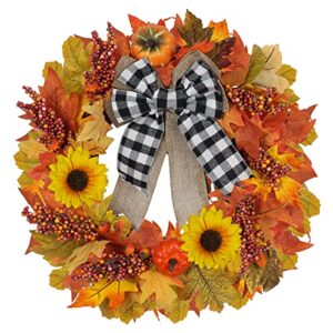 fall wreaths for front door, yeahome, 20" fall wreath with maple leaves sunflowers bowknot for autumn decoration, artificial fall decorations for home, window, wall, thanksgiving decor