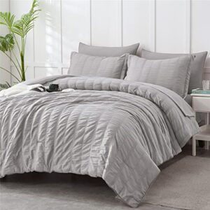 kakijumn grey comforter set king size, 7 piece bed in a bag seersucker comforter and sheet set, all season soft microfiber complete bedding set(grey,king)