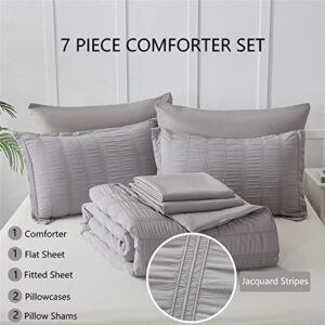 KAKIJUMN Grey Comforter Set King Size, 7 Piece Bed in a Bag Seersucker Comforter and Sheet Set, All Season Soft Microfiber Complete Bedding Set(Grey,King)