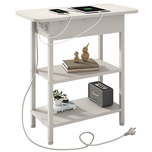 LIDYUK End Table with Charging Station, Flip Top Side Table with USB Ports and Outlets, Nightstand for Small Spaces, Bedside Tables with Storage Shelf for Living Room, Bedroom, White