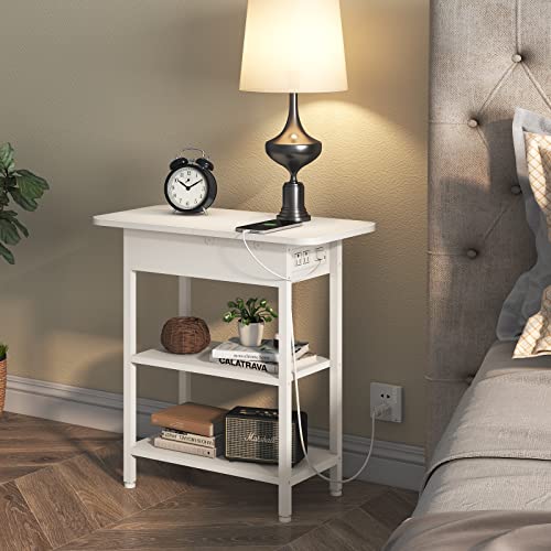 LIDYUK End Table with Charging Station, Flip Top Side Table with USB Ports and Outlets, Nightstand for Small Spaces, Bedside Tables with Storage Shelf for Living Room, Bedroom, White