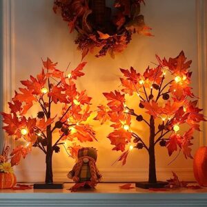 yeahome fall decorations for home, 2 pack 24”/2ft lighted fall maple leaves tree with warm white leds autumn decor, pumpkin lampshade, pine cone, acorn ornaments battery powered timer for thanksgiving