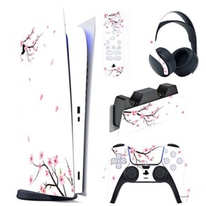 playvital falling cherry blossom full set skin decal for ps5 console digital edition, sticker vinyl decal cover for ps5 controller & charging station & headset & media remote