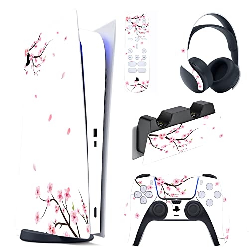 PlayVital Falling Cherry Blossom Full Set Skin Decal for ps5 Console Digital Edition, Sticker Vinyl Decal Cover for ps5 Controller & Charging Station & Headset & Media Remote