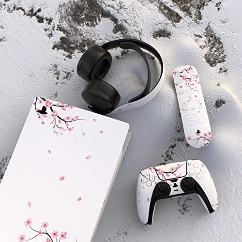 PlayVital Falling Cherry Blossom Full Set Skin Decal for ps5 Console Digital Edition, Sticker Vinyl Decal Cover for ps5 Controller & Charging Station & Headset & Media Remote