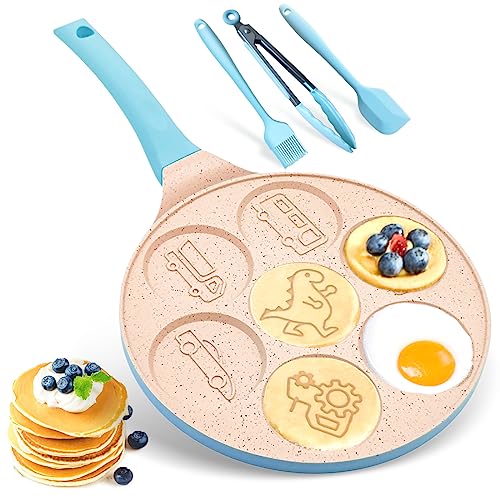 Mini Pancake Pan for Pancakes, Dinosaur Truck Waffle Maker Ceramic Pancake Griddle Crepe Maker Nonstick 7-Cup Pancake Mold for Kids