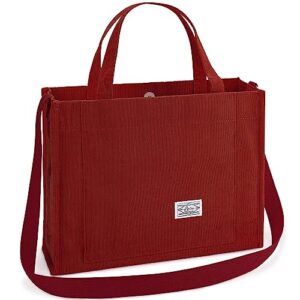 corduroy tote bag for women - satchel bag large tote bag aesthetic crossbody bag handbag - school work travel shopping beach(merlot red)