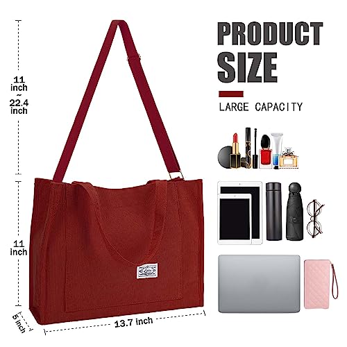 Corduroy Tote Bag for Women - Satchel Bag Large Tote Bag Aesthetic Crossbody Bag Handbag - School Work Travel Shopping Beach(Merlot red)