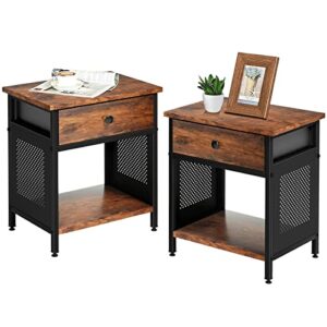 RUNTOP Nightstands Set of 2, Industrial End Table, Side Table with Drawer and Storage Shelf, Night Stands for Bedroom, Living Room, Bedside,Wood Metal Furniture, Easy Assembly, 2 Pack, Rustic Brown