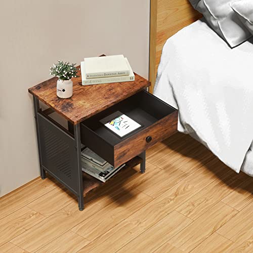 RUNTOP Nightstands Set of 2, Industrial End Table, Side Table with Drawer and Storage Shelf, Night Stands for Bedroom, Living Room, Bedside,Wood Metal Furniture, Easy Assembly, 2 Pack, Rustic Brown