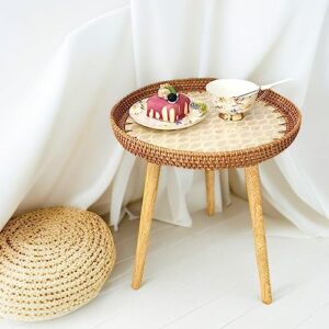 tohoch small rattan side table/round coffee table for small spaces, boho nightstand for bedroom or living room, outdoor end tables for patio, mini modern coffee table with shell design tray