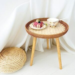 TOHOCH Small Rattan Side Table/Round Coffee Table for Small Spaces, Boho Nightstand for Bedroom or Living Room, Outdoor End Tables for Patio, Mini Modern Coffee Table with Shell Design Tray