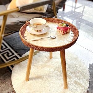 TOHOCH Small Rattan Side Table/Round Coffee Table for Small Spaces, Boho Nightstand for Bedroom or Living Room, Outdoor End Tables for Patio, Mini Modern Coffee Table with Shell Design Tray