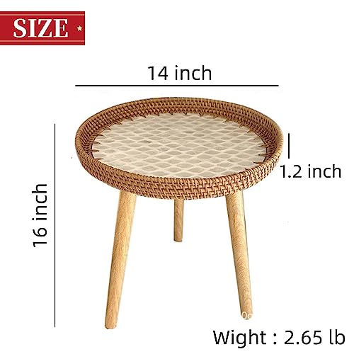 TOHOCH Small Rattan Side Table/Round Coffee Table for Small Spaces, Boho Nightstand for Bedroom or Living Room, Outdoor End Tables for Patio, Mini Modern Coffee Table with Shell Design Tray