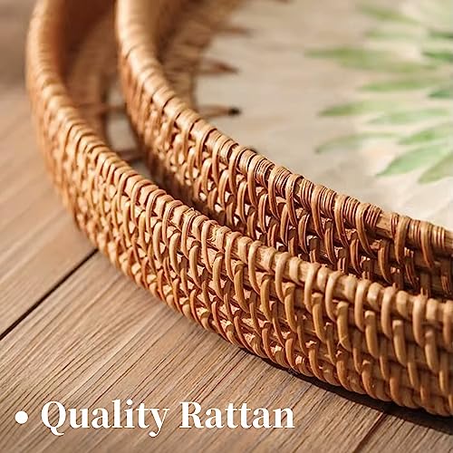 TOHOCH Small Rattan Side Table/Round Coffee Table for Small Spaces, Boho Nightstand for Bedroom or Living Room, Outdoor End Tables for Patio, Mini Modern Coffee Table with Shell Design Tray