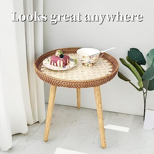 TOHOCH Small Rattan Side Table/Round Coffee Table for Small Spaces, Boho Nightstand for Bedroom or Living Room, Outdoor End Tables for Patio, Mini Modern Coffee Table with Shell Design Tray