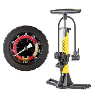 bike pump with pressure gauge- 160 psi bicycle floor pump fits presta & schrader valve - bike pump with air ball pump inflator (yellow)