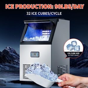 JOMAYZER Commercial Ice Machine, 90LBS/24H Ice Maker Machine with 33LBS Storage Bin, Stainless Steel Ice Machine Commercial, Ideal for Home, Bars, Restaurants and Hotels