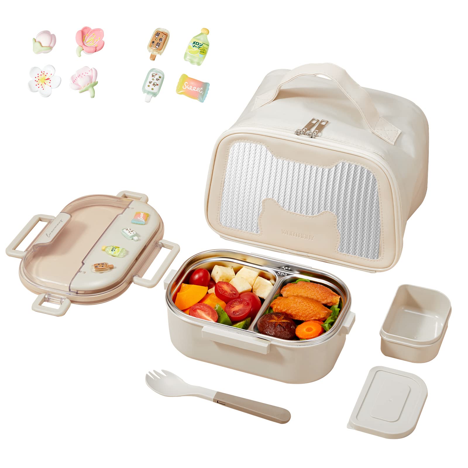 VANDHOME Bento Box Stainless Steel Lunch Box with Cutlery 2-Compartment Lunch Container Reusable Bento Lunch Box, Suitable for Office, Work Meals, BPA-Free Leak-Proof Bento Box (Beige 900ml)