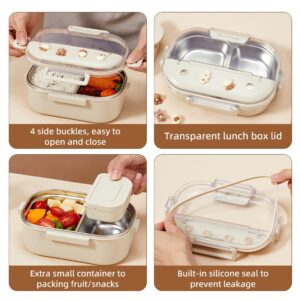 VANDHOME Bento Box Stainless Steel Lunch Box with Cutlery 2-Compartment Lunch Container Reusable Bento Lunch Box, Suitable for Office, Work Meals, BPA-Free Leak-Proof Bento Box (Beige 900ml)