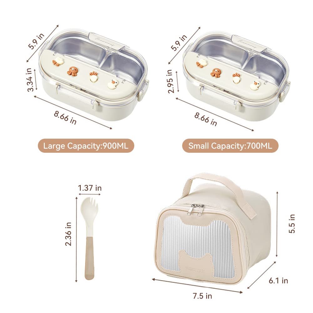 VANDHOME Bento Box Stainless Steel Lunch Box with Cutlery 2-Compartment Lunch Container Reusable Bento Lunch Box, Suitable for Office, Work Meals, BPA-Free Leak-Proof Bento Box (Beige 900ml)