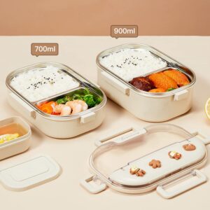 VANDHOME Bento Box Stainless Steel Lunch Box with Cutlery 2-Compartment Lunch Container Reusable Bento Lunch Box, Suitable for Office, Work Meals, BPA-Free Leak-Proof Bento Box (Beige 900ml)