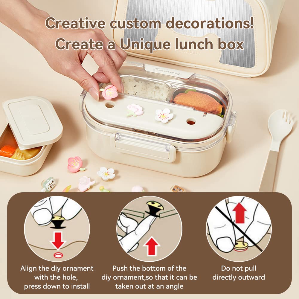 VANDHOME Bento Box Stainless Steel Lunch Box with Cutlery 2-Compartment Lunch Container Reusable Bento Lunch Box, Suitable for Office, Work Meals, BPA-Free Leak-Proof Bento Box (Beige 900ml)