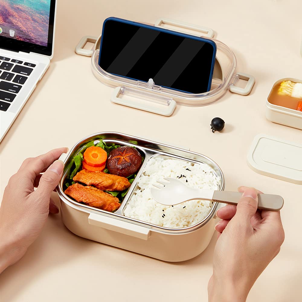 VANDHOME Bento Box Stainless Steel Lunch Box with Cutlery 2-Compartment Lunch Container Reusable Bento Lunch Box, Suitable for Office, Work Meals, BPA-Free Leak-Proof Bento Box (Beige 900ml)