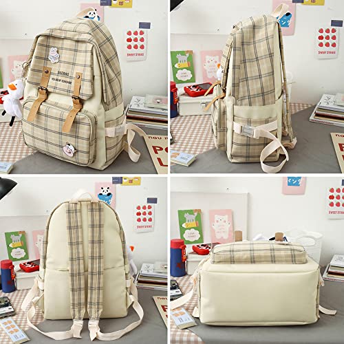 DAHUOJI 5Pcs Kawaii Backpack Set with Badge & Duck Pendant,Japanese Aesthetic Check Bookbag for Girls Cute Plaid School Bags Comes with Tote Bag,Shoulder Bag,Pencil Box,Small Bag(Khaki,16in)