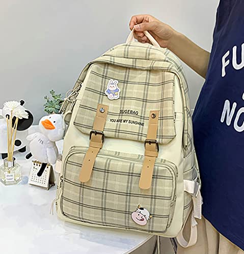 DAHUOJI 5Pcs Kawaii Backpack Set with Badge & Duck Pendant,Japanese Aesthetic Check Bookbag for Girls Cute Plaid School Bags Comes with Tote Bag,Shoulder Bag,Pencil Box,Small Bag(Khaki,16in)